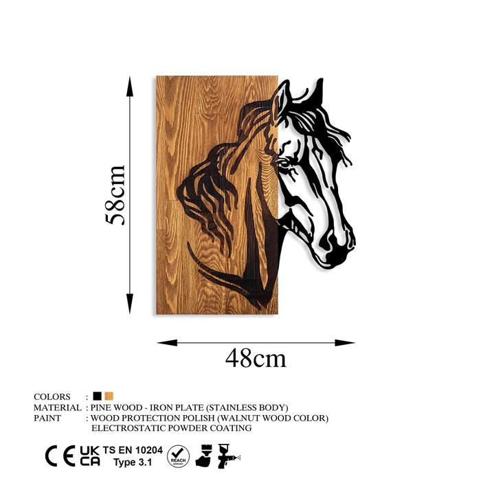 Wallity Horse 1 - Escultura de pared de madera y metal en nogal y negro